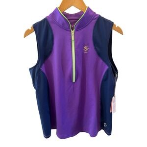 Jofit Sleeveless Top Sporty Purple Navy Neon Golf Tennis Mock Neck 1/4 Zip $80 L